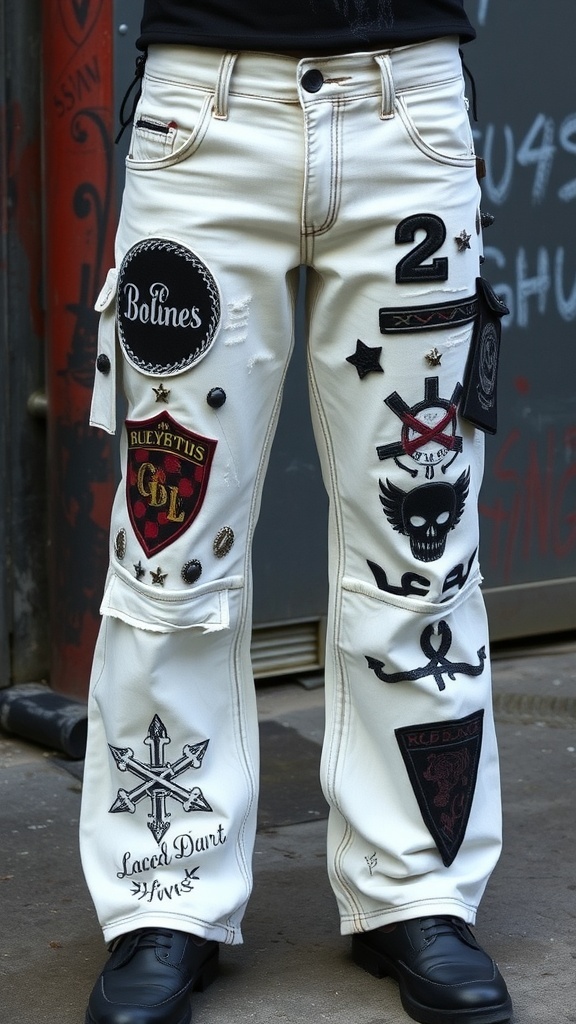 Customized crust punk pants with patches and studs displayed against an urban background.